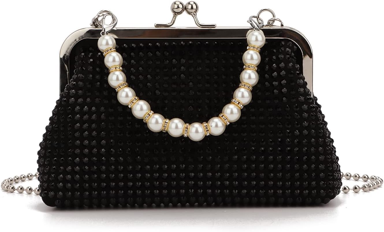SUKUTU Women Luxury Full Rhinestone Shoulder Bag Noble Kiss Lock Crystal Messenger Bag Clutch Handbag with Pearl Beaded Chain