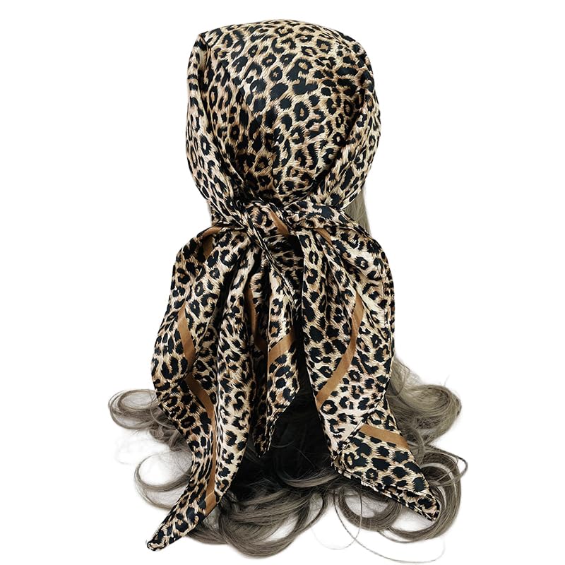 Women Lightweight-Leopard-Silk-Like-Scarf - Versatile Satin Square Head Scarves Headband Bandana Neck Wraps for Women