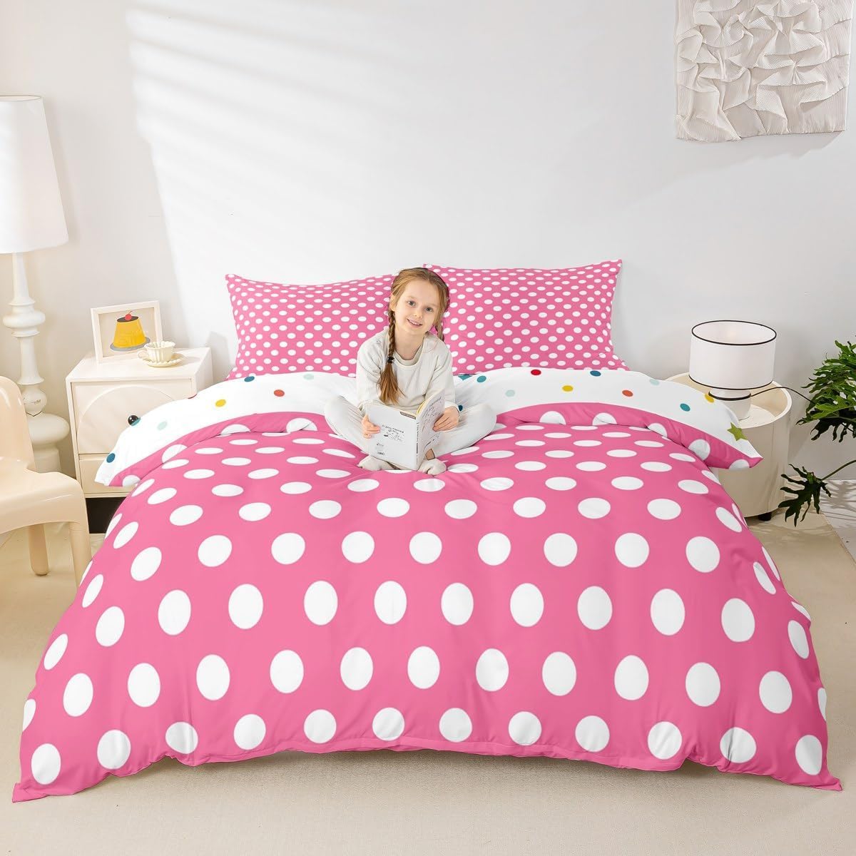 Juego de ropa de cama con diseño de lunares, color rosa y blanco, estampado geométrico, tamaño M, para niños y niñas, arte moderno y sencillo, incluye 1 funda nórdica de 155 x 220 cm y 1 funda de