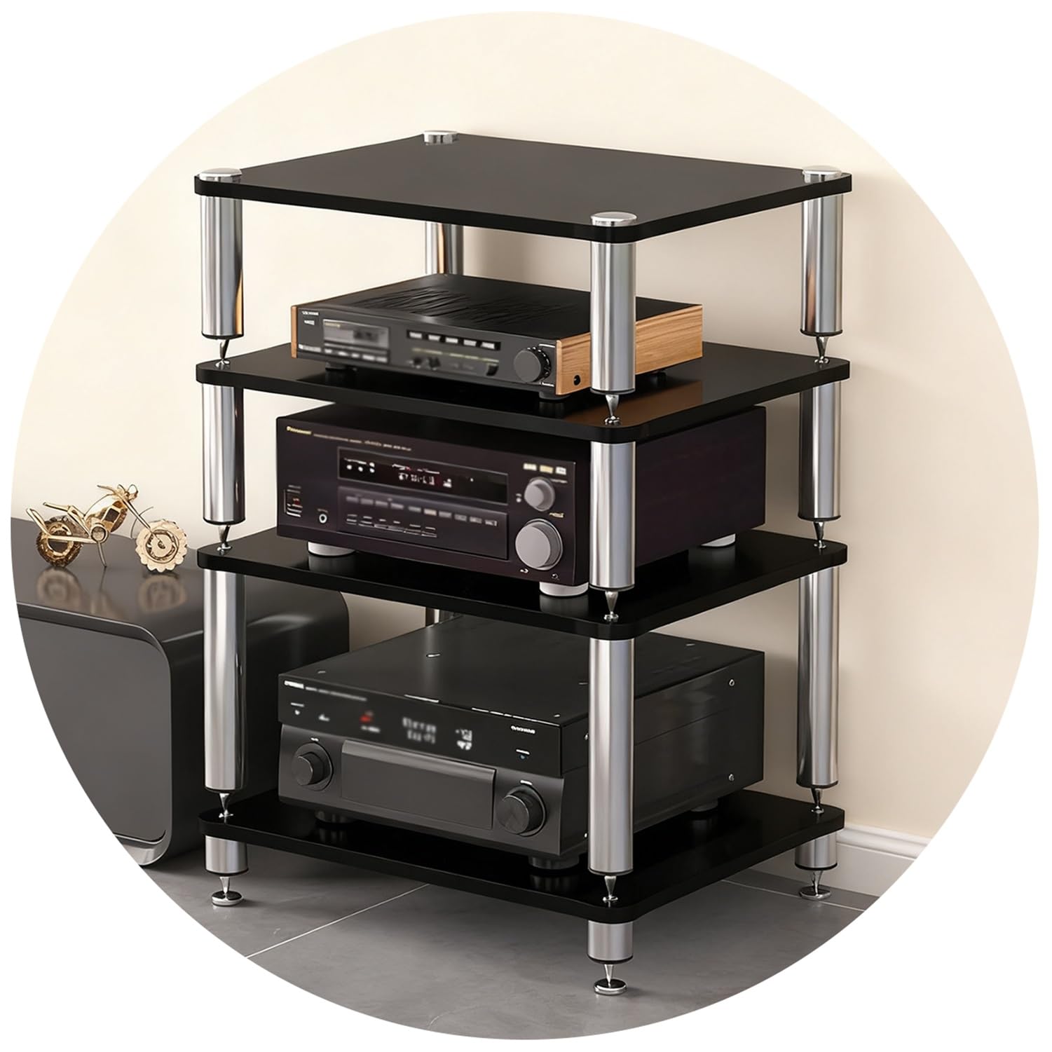 Półka na sprzęt audio-video HiFi Rack, 2/3/4-poziomowa, szafka TV, drewniana, do domu, sali konferencyjnej, studia gier (biała, 3 poziomy, wysokość 60 cm) (czarna, 4 poziomy)