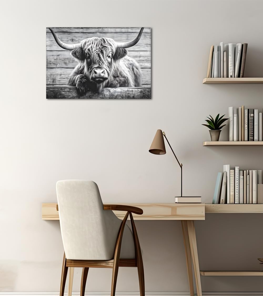 Novatique Highland Cow Canvas Wall Art Highland Cow Picture Wall Decor Black and White Animals Poster Framed Scottish Cattle Canvas Print for Bedroom Office Home Decoration,12 x 16inch