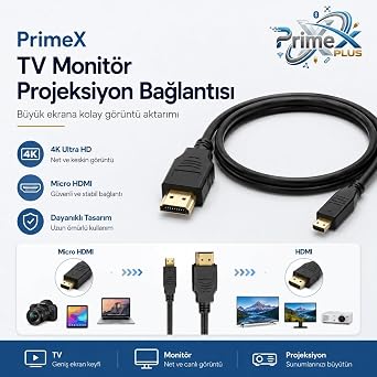 PrimeX PX-1121-5 Micro HDMI to HDMI Kablo, 5 Metre 1080P Full HD Hdmi Görüntü ve Ses Aktarım Kablosu, Micro Hdmi Type-D Kamera Tablet Mini Laptop Raspberry Pi TV Monitör Projeksiyon Bağlantı Kablosu