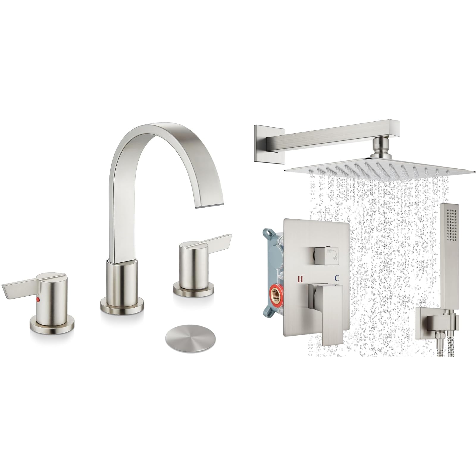 Hcfyauis Brushed Nickel Morden Widespread Bathroom Faucet 3 Holes 2 Handles 8 Inch Vanity Faucet With 10 Inch Brushed Nickel Rain Shower Set Square Rainfall Shower Head Wall Mount Shower Faucet System