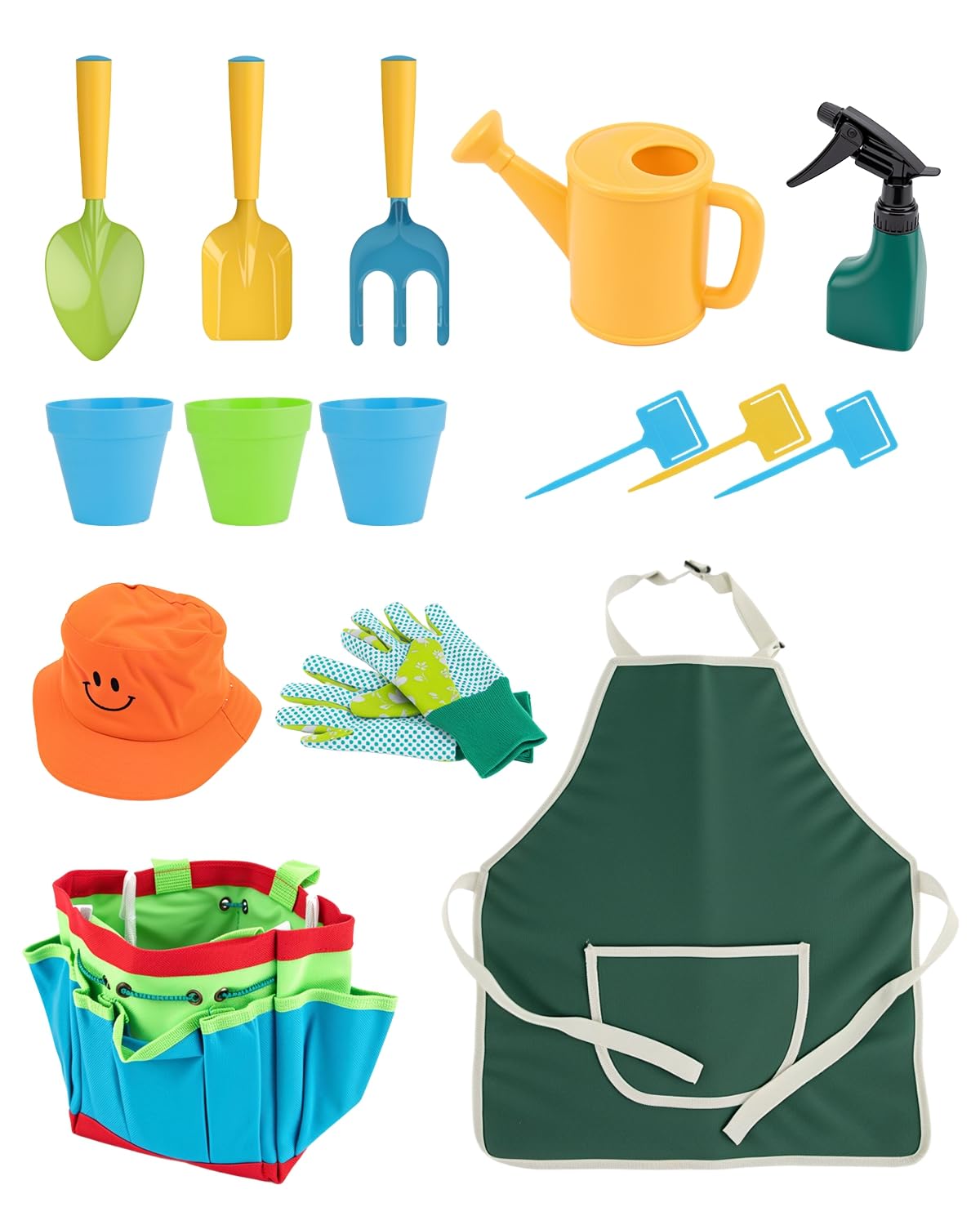 15pcs Kids Gardening Tool Set, Outdoor Gardening Set including Tools, Rake, Fork, Trowel, Watering Can, Gloves