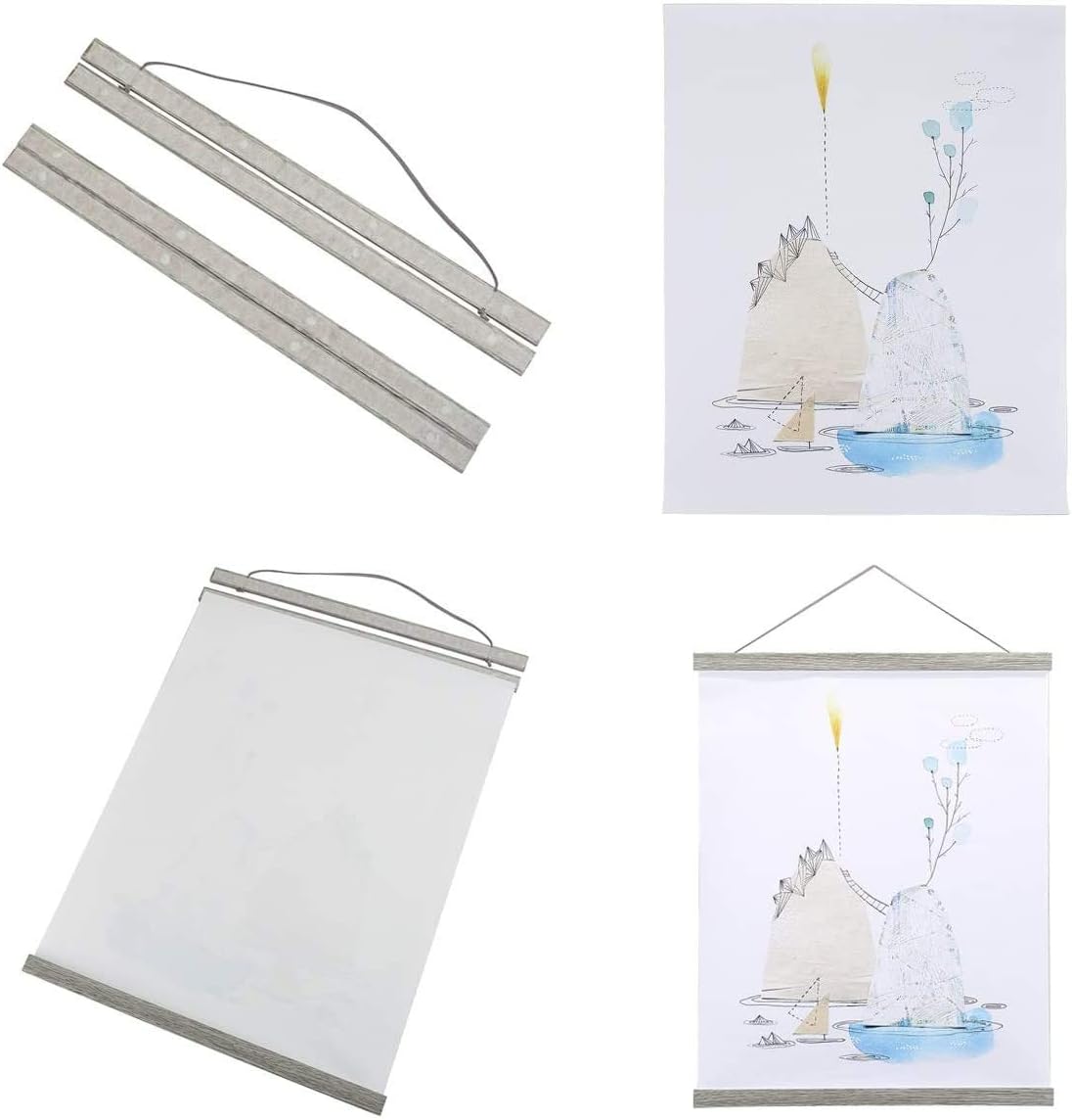 Benjia Magnetic Poster Hanger, 8x10 8x20 8x11 Poster Frame Wood Wooden Magnet Print Posters Dowel Scroll Hanger Hangers Hanging Kit for Walls Map Canvas Artwork (Grey, 8") -