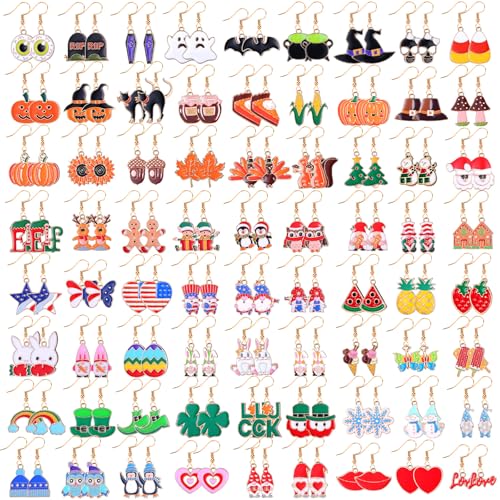 Riceshoot 72 Pairs Fall Halloween Holiday Earrings for Women Thanksgiving Christmas Dangle Earrings Variety Pack Cute Holiday Earring Bulk for Women Teacher Party Favors Gifts
