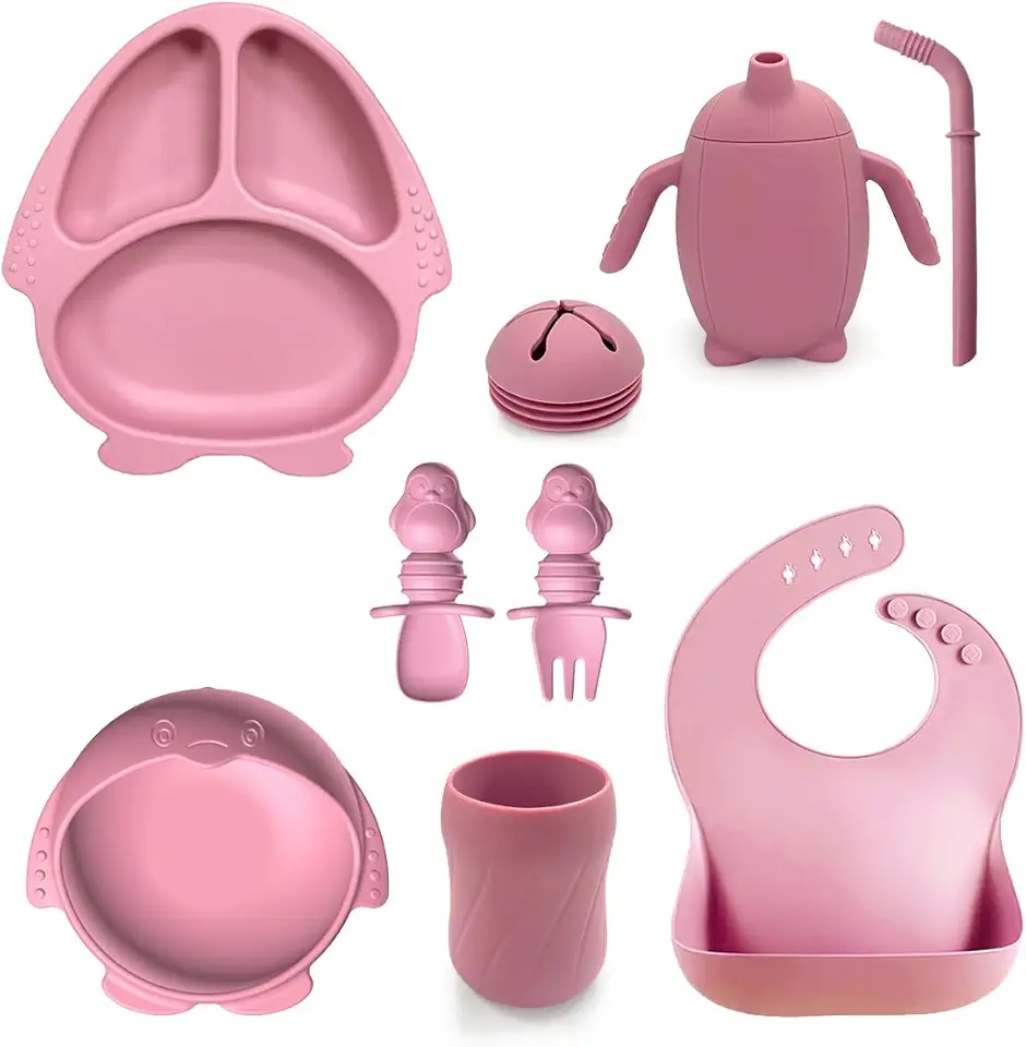 Toddler Flatware Sets Silicone Baby Feeding Set Baby led Weaning Supplies, Infant Toddler Feeding Set with Silicone Baby Bib, Suction Plate and Bowl Set, Baby Cup, and First Stage Spoon(9 Pac) (Pink)