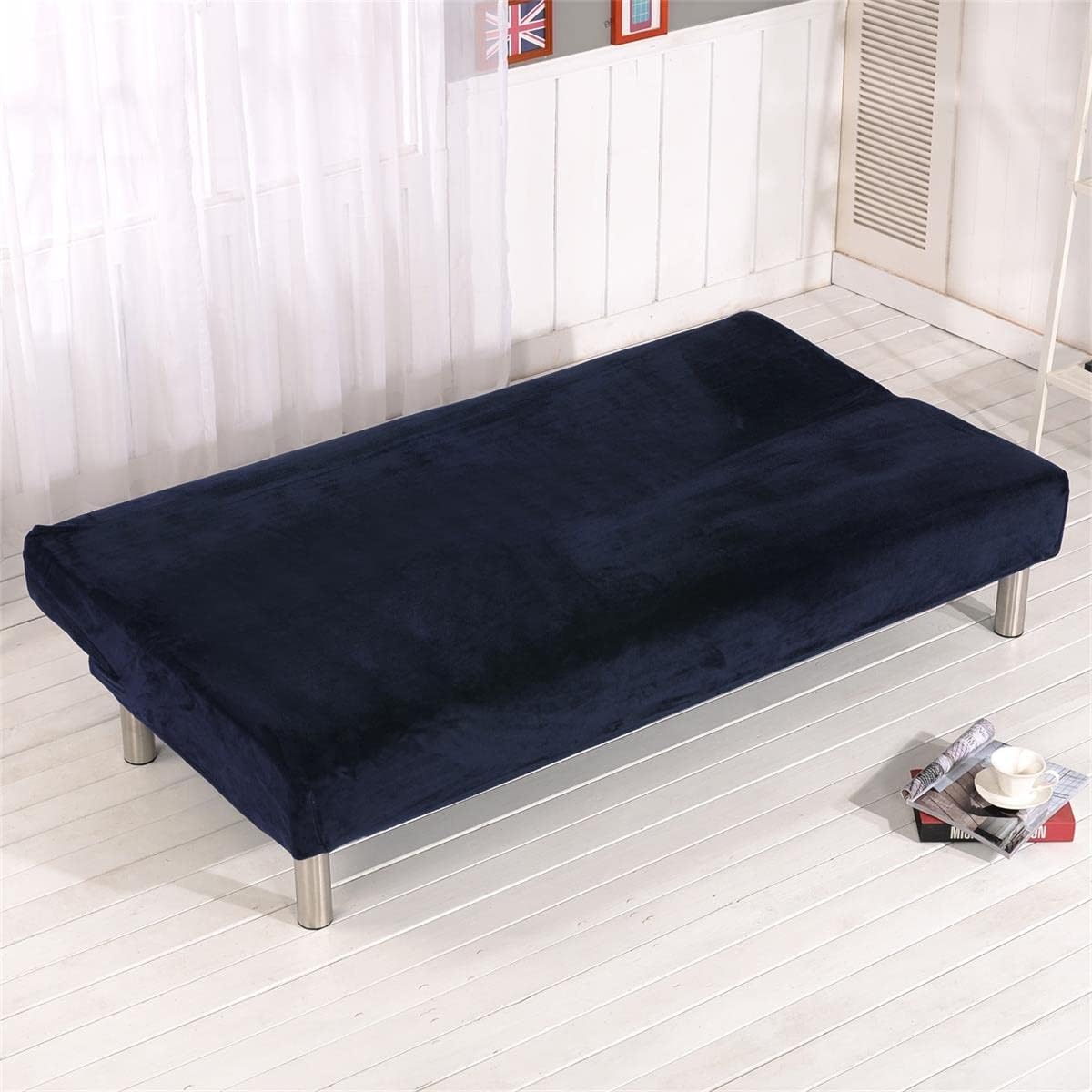 Thick Plush Futon Cover Stretch Armless Sofa Bed Slipcover Soft Couch Sofa Cover Futon Slipcover (Navy Blue)