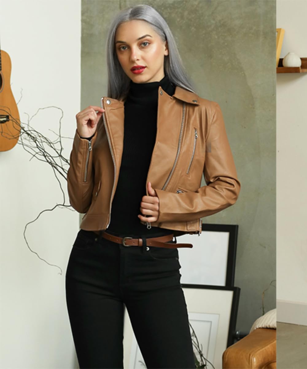 2025-26 Women's Long Sleeve Zipper Closure Moto Biker Real Lambskin Leather Jacket… - Image 4