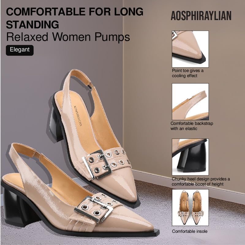 AOSPHIRAYLIAN Womens Pumps Slingback Heels Pointed Toe Block Chunky Heel Wedding Party Dress Shoes with Elastic Strap4