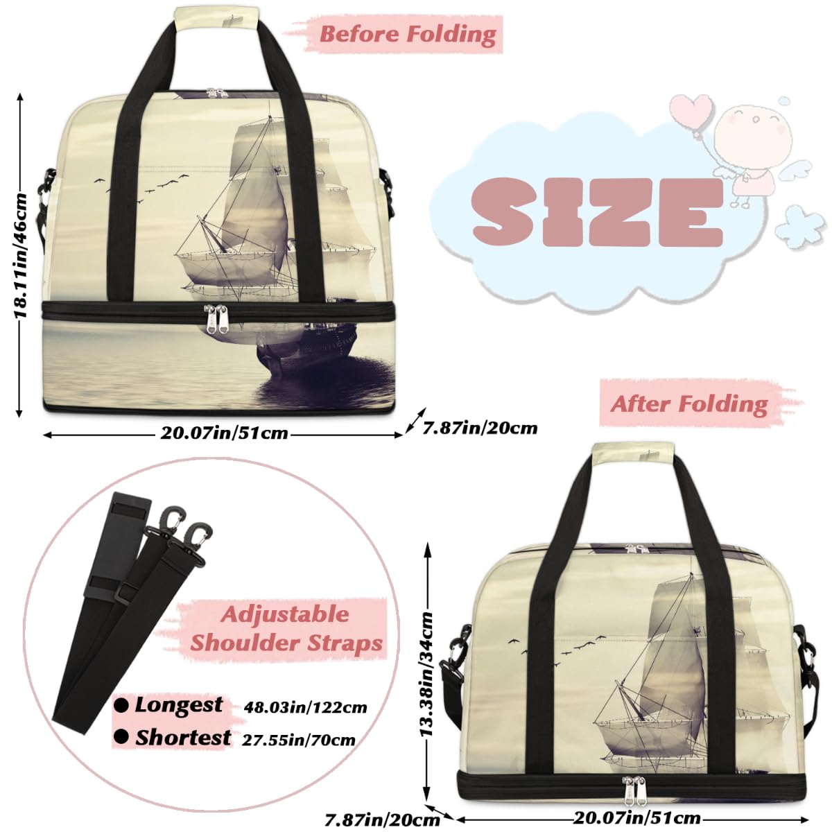 Ocean Sailboat - Bolsa de viaje plegable de 47 L, bolsa de fin de semana con funda de carrito para hombro, bolsa de hombro separada para deportes, gimnasio, viajes, multicolor, 47L, Bolsa de viaje
