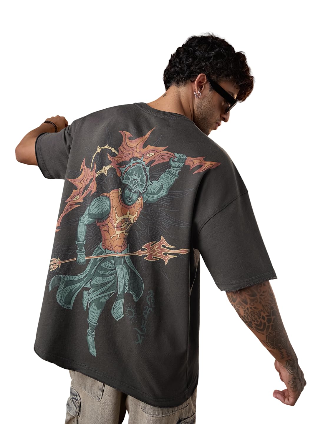 Mythology: Suryaputra Men and Boys Short Sleeves Round Neck Grey Graphic Printed Cotton Breathable Lightweight All-Season Oversized T-Shirt-image-49