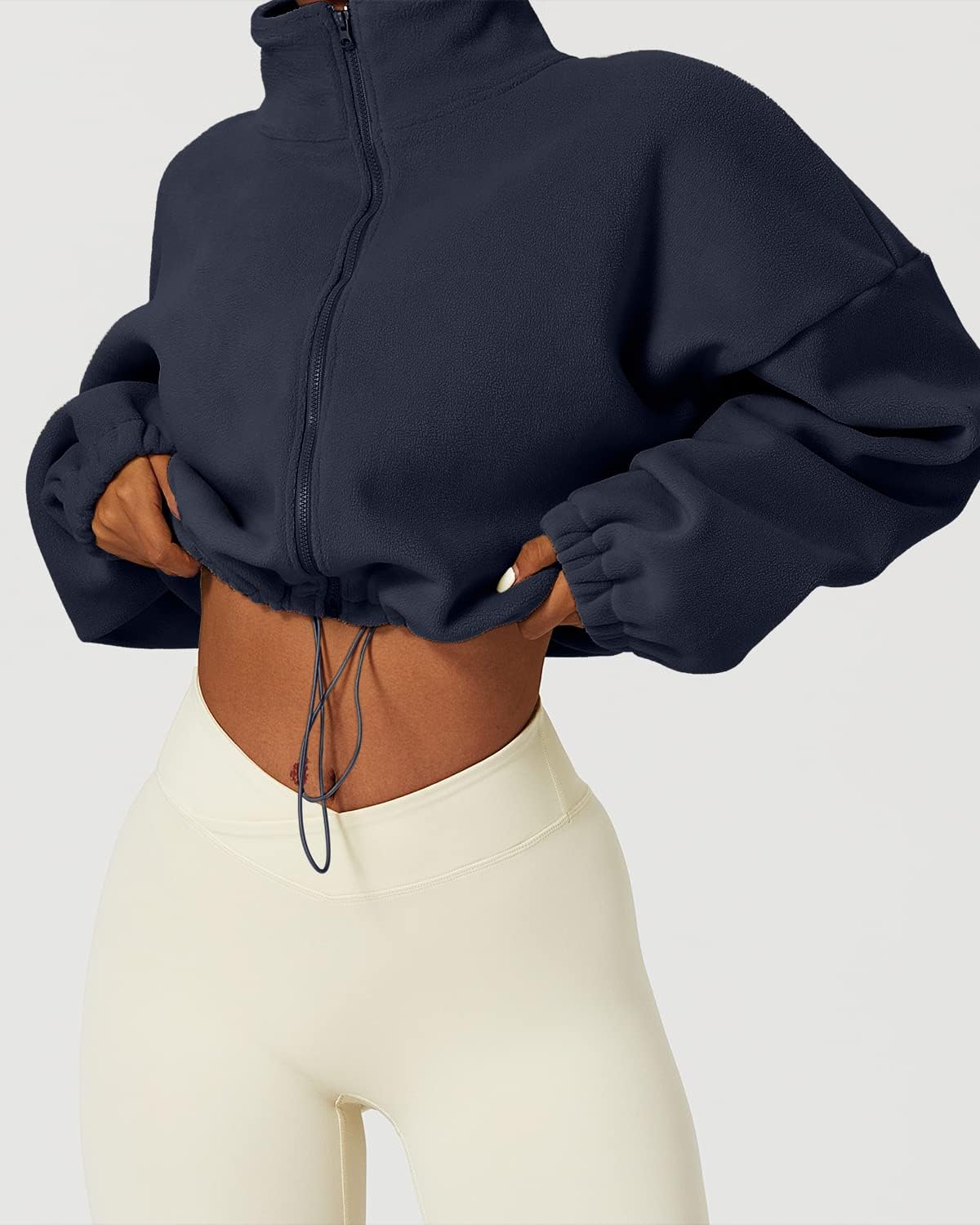 QINSEN Women's Full Zip Fleece Short Jacket Warm Winter Long Sleeve Stand Collar Sherpa Crop Coat - Image 3