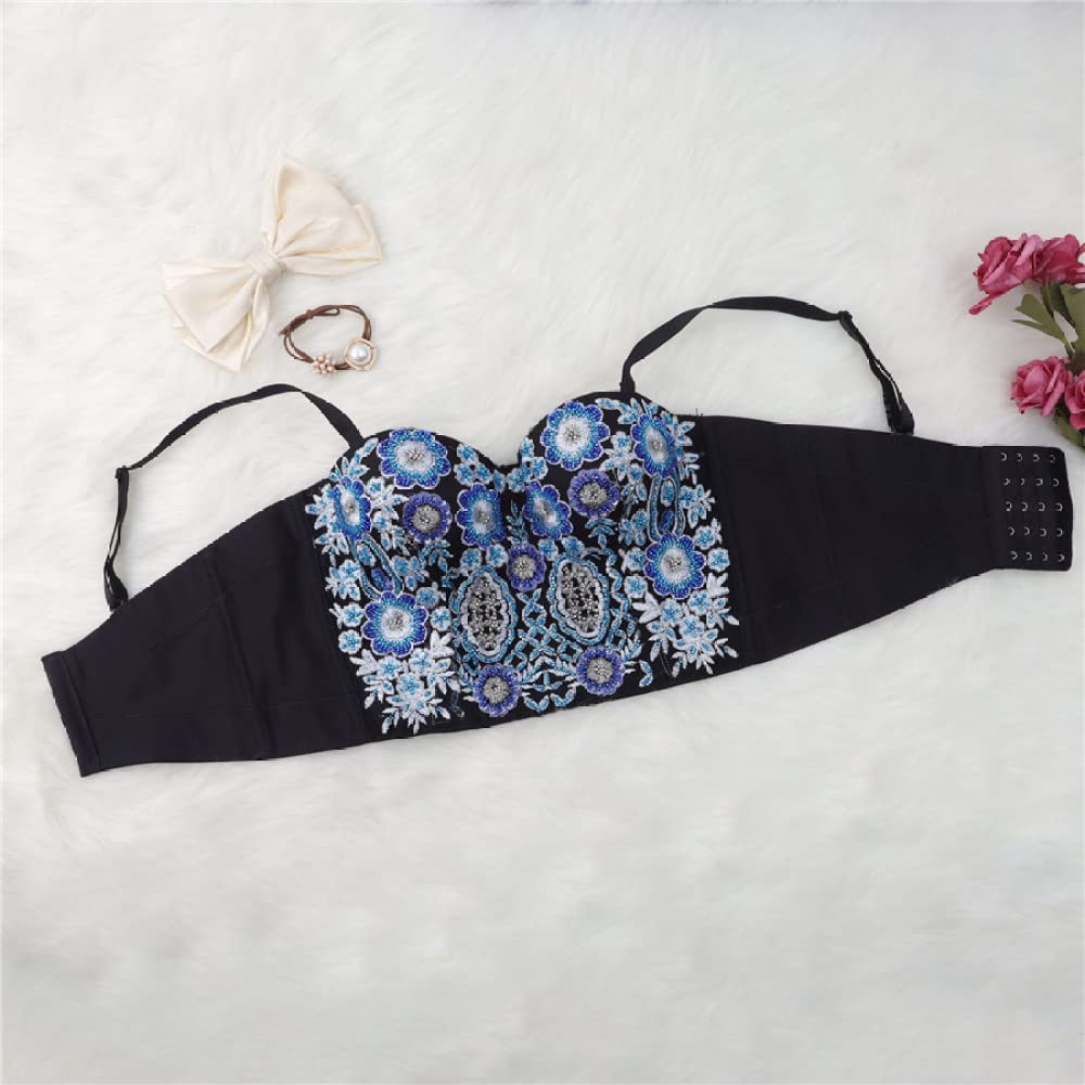 YSGE Corpetto Donna Sexy,Corsetti Sexy da Donna Classico Fiore Blu Ricamo Perline Estate Spalline Sottili Bustier Corsetto Top Push Up Crop Top Canotta Senza Schienale Gilet per Clubwear Party
