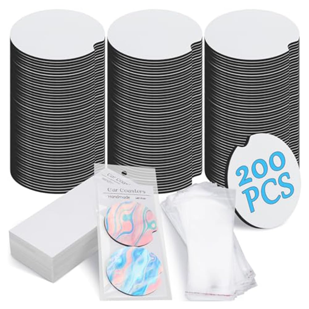 Vjsujehgy Sublimation Car Coaster Blank Set, 200Pcs 2.76inch Blank Sublimation Coaster 100 Adhesive Bag and Display Card