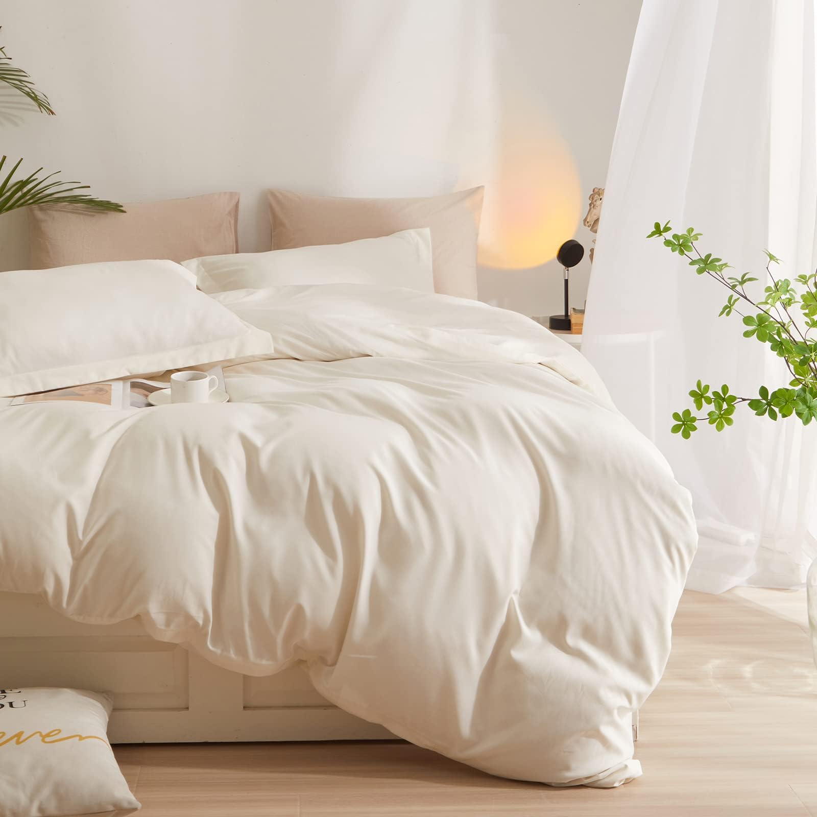 LifeTB Cream White Duvet Cover Queen Washed Microfiber Off White Bedding Sets Simple Style Ivory White Comforter Cover with Zipper Closure Modern Soft Solid White Duvet Quilt Cover with 2 Pillowcases