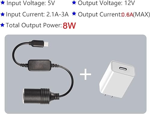 Miniatura 3 de CERRXIAN Cable de alimentación USB C macho a 12V 8W para encendedor de cigarrillos, cable de alimentación para Dash Cam, GPS, tiras de luz LED para