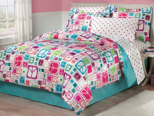 My Room Peace Out Girls Comforter Set with Bedskirt, Teal, Twin