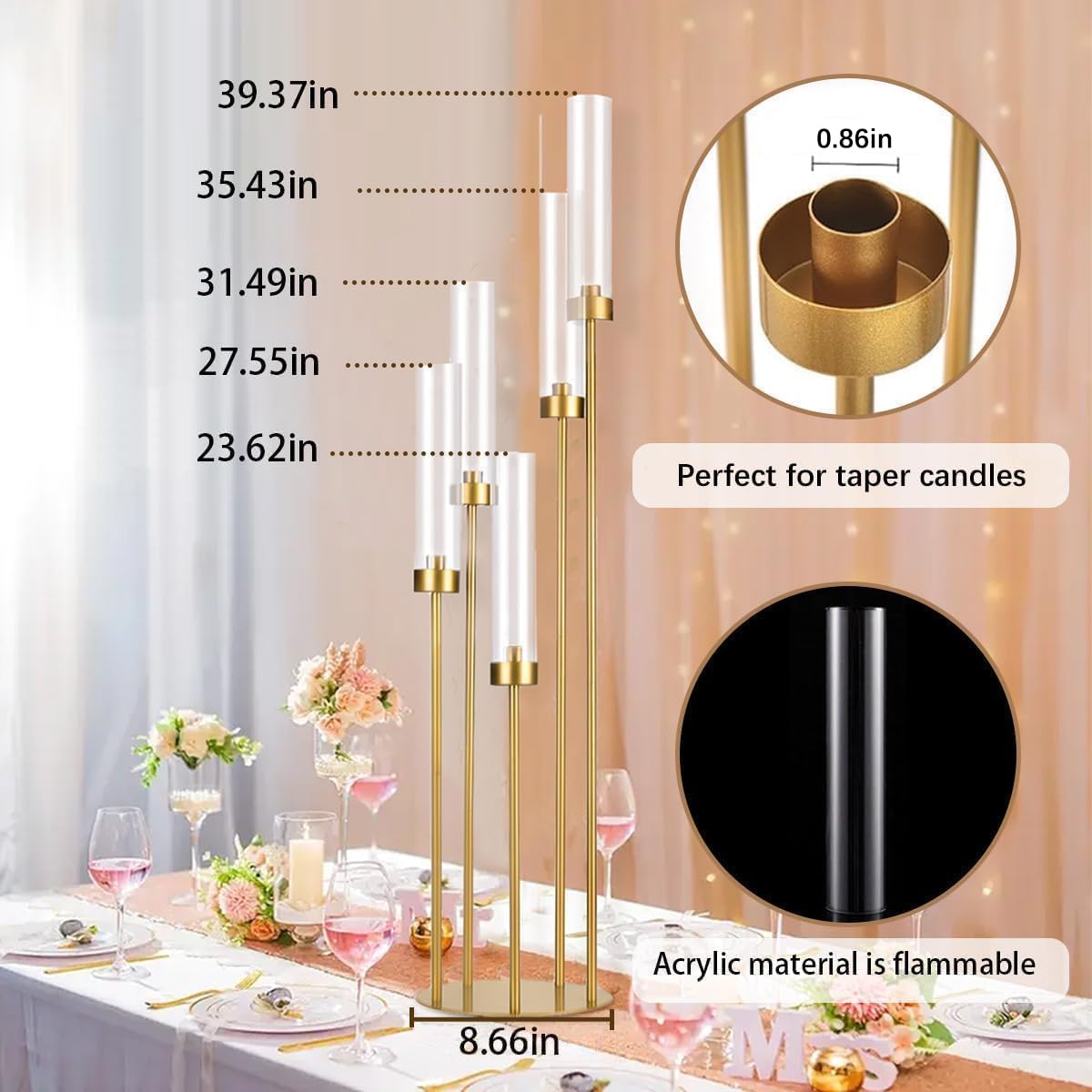 Chandelier doré de 100 cm, bougeoir à 5 Bras avec Abat-Jour en Acrylique pour Table de Mariage, fête d'anniversaire, décoration d'intérieur, Convient aux Bougies Coniques LED