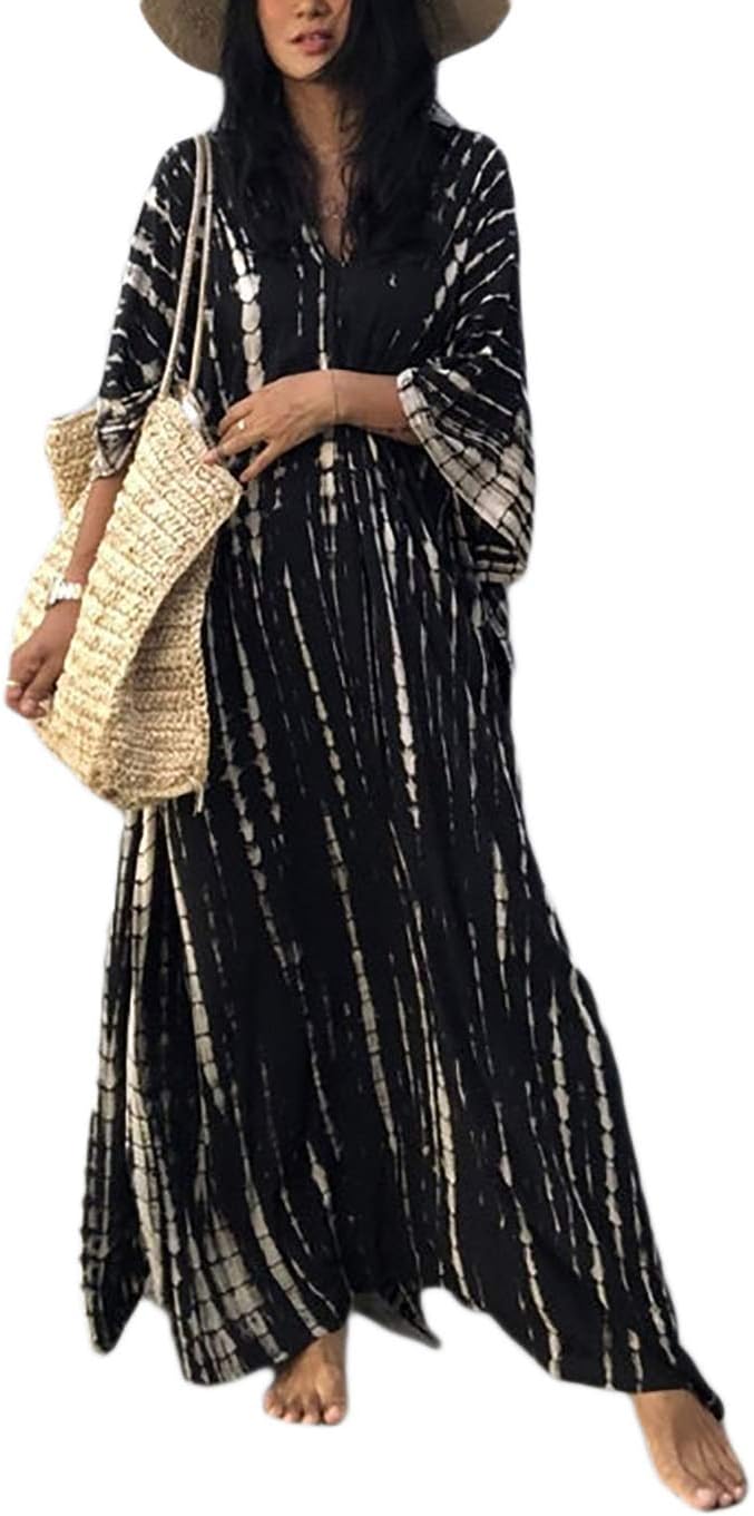 Eddoyee Plus Size Beach Kaftan Dresses for Women Print V-Neck Long Swimsuit Cover Ups