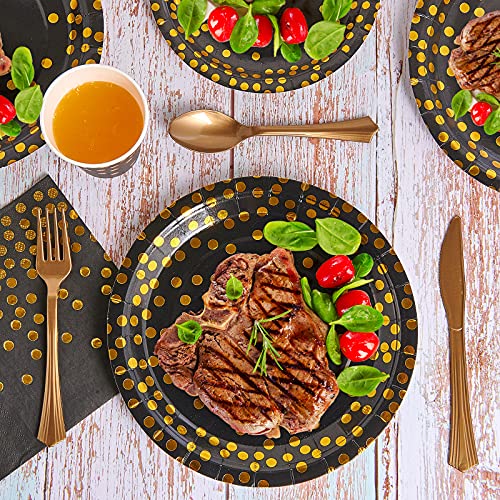 210 Piece Golden Dot Disposable Party Dinnerware Set 30 Guest -Black Paper Plates Napkins Cups,Gold Plastic Forks Knives Spoons,Focusline Black And Gold Party Supplies For Graduation Birthday Wedding #TOP5