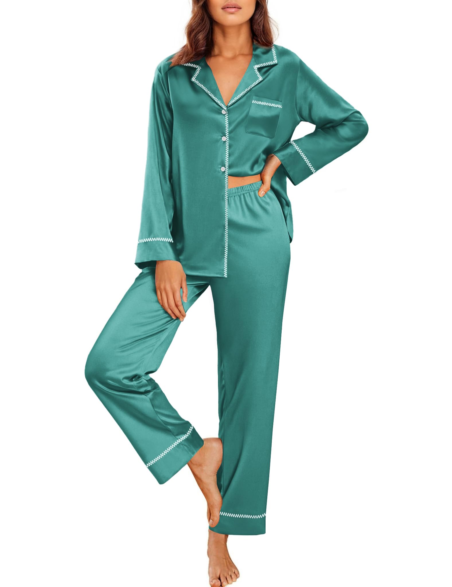 Ekouaer Satin Pajama Set for Women Silky Sleepwear Long Sleeve Top and Pants Button Down Pjs Lounge Set