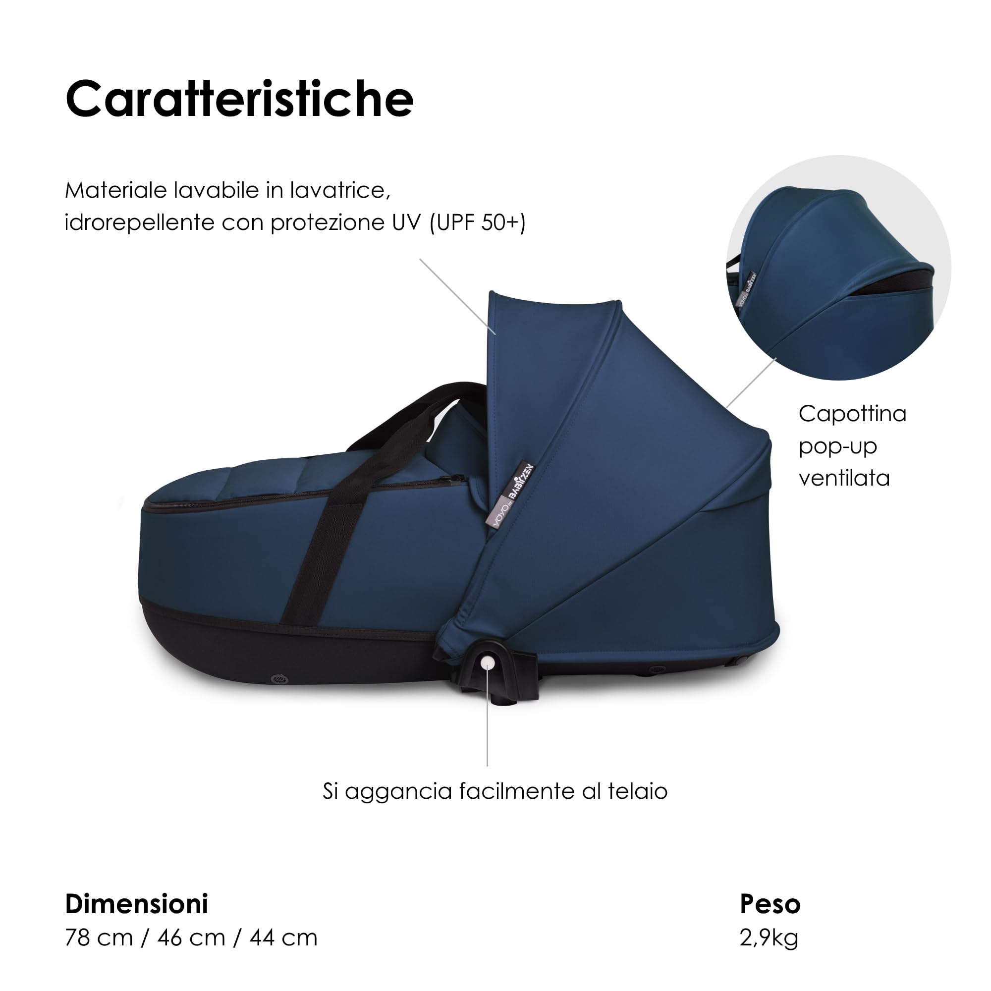 Babyzen YOYO Navicella, Navy Blue - Include Materasso doppio e morbido, Guscio e capottina ventilati - Richiede il telaio YOYO2 (Venduto a parte)