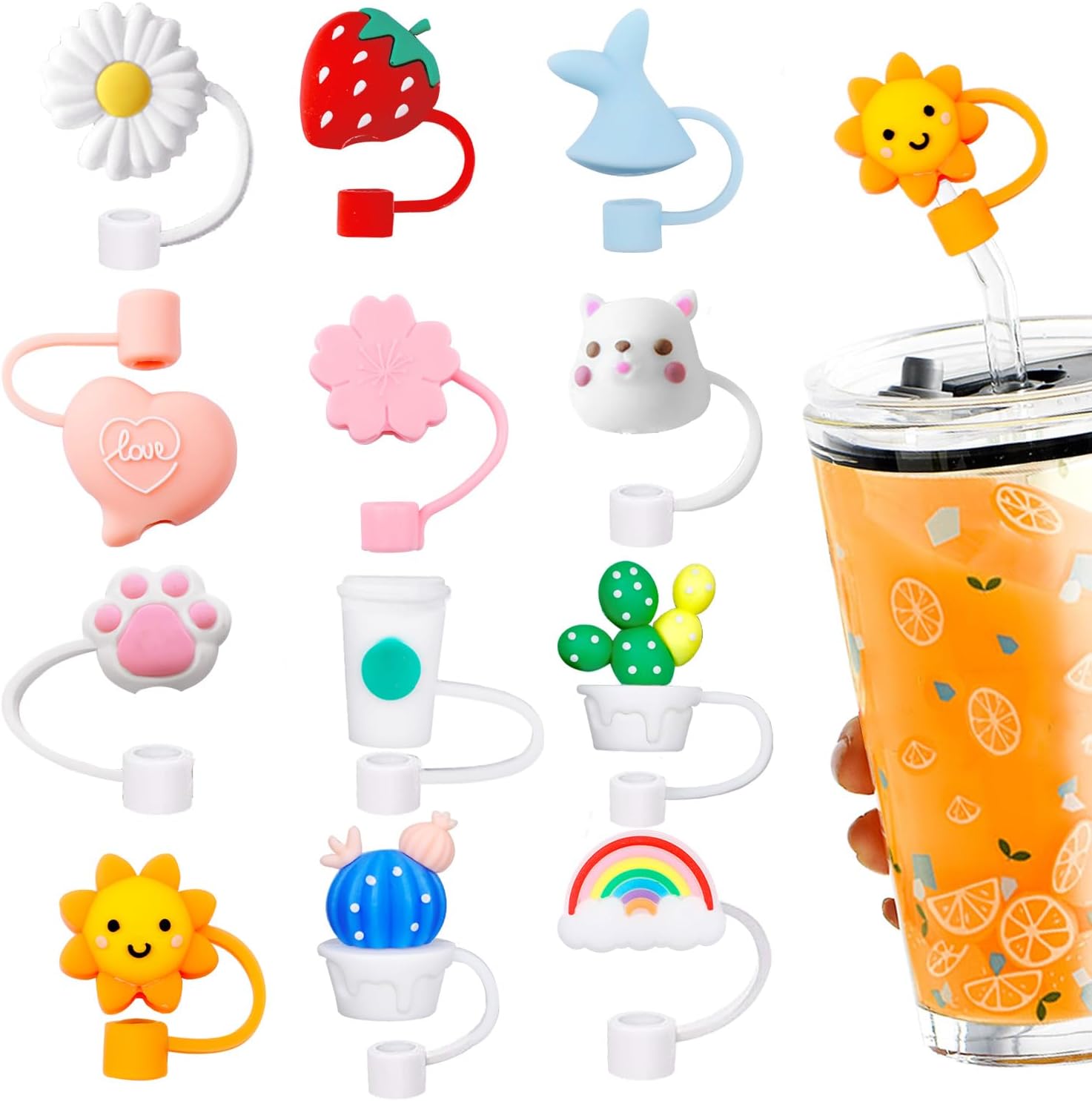 12 Pieces Silicone Straw Toppers Straws Cover Caps Reusable