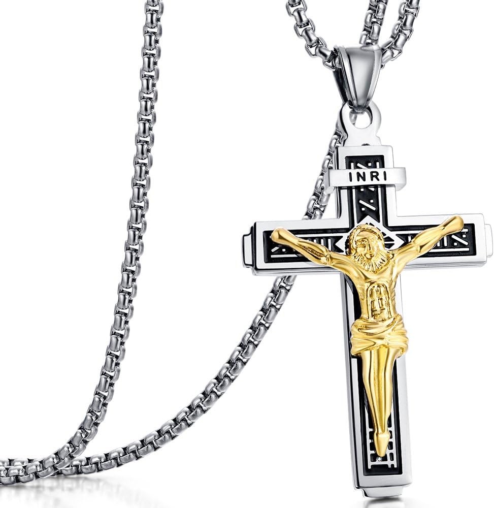 Jesus Christ on INRI Crucifix Cross Large Pendant Necklace for Teens Womens Mens with 24 Inch Stainless Steel Chain