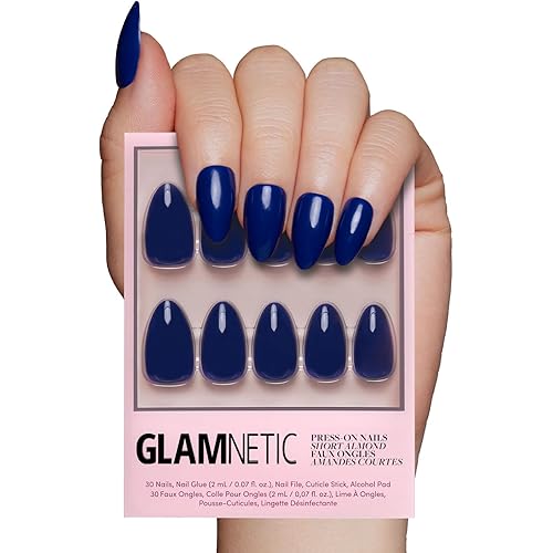 Glamnetic Press On Nails - Midnight Blue | Opaque Dark Navy Blue Short Almond False Nails, Reusable Stick On Fake Nails with Glue | Salon Quality | 15 Sizes - 30 Nail Kit