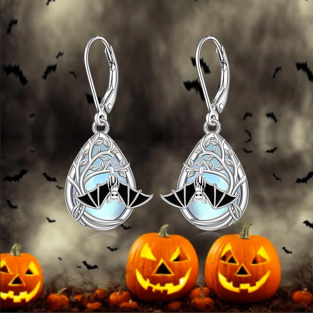 Halloween Bat Earrings Moonstone Earrings for Women Sterling Silver Spooky Gothic Bat Earring Dangle Cute Halloween Jewelry - Image 8