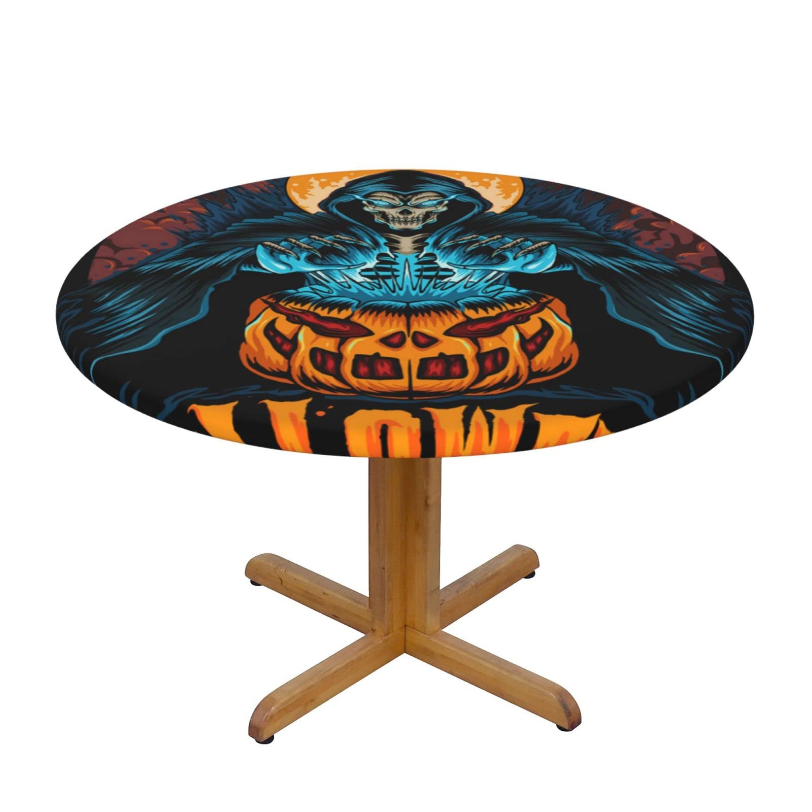 Lsjuee Round Fitted Tablecloth 45-50in Elastic Edged Table Cloth for Kitchen Dining Party Home Decor - Grim Reaper Halloween Horror