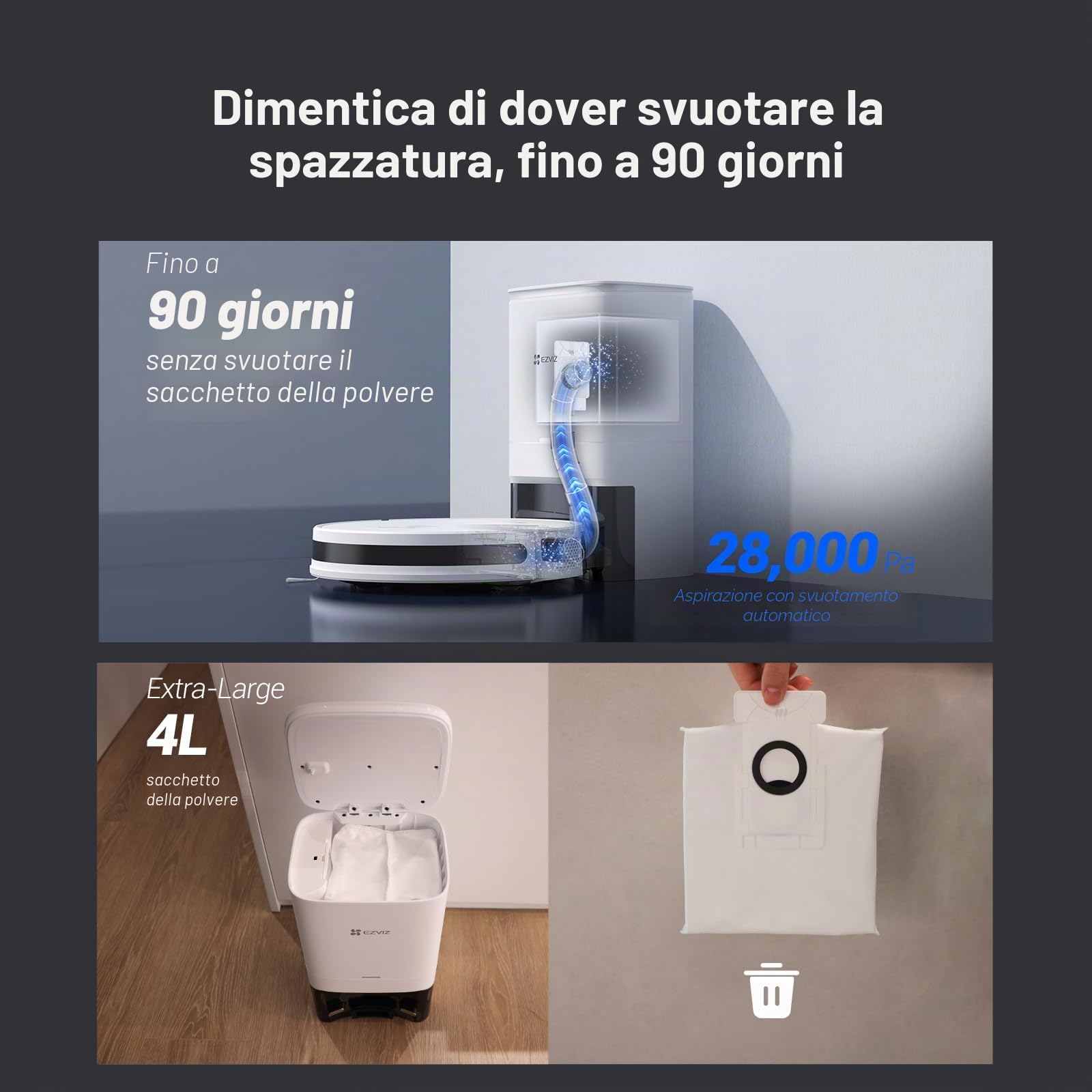 EZVIZ Robot Aspirapolvere con Base a Svuotamento Automatico Polvere, Aspirazione 2700Pa, Adatto a Tappeti, Peli Animali, 3 Modalità di Pulizia, Batteria da 190 min, Controllo Telecomando, RC3 Plus