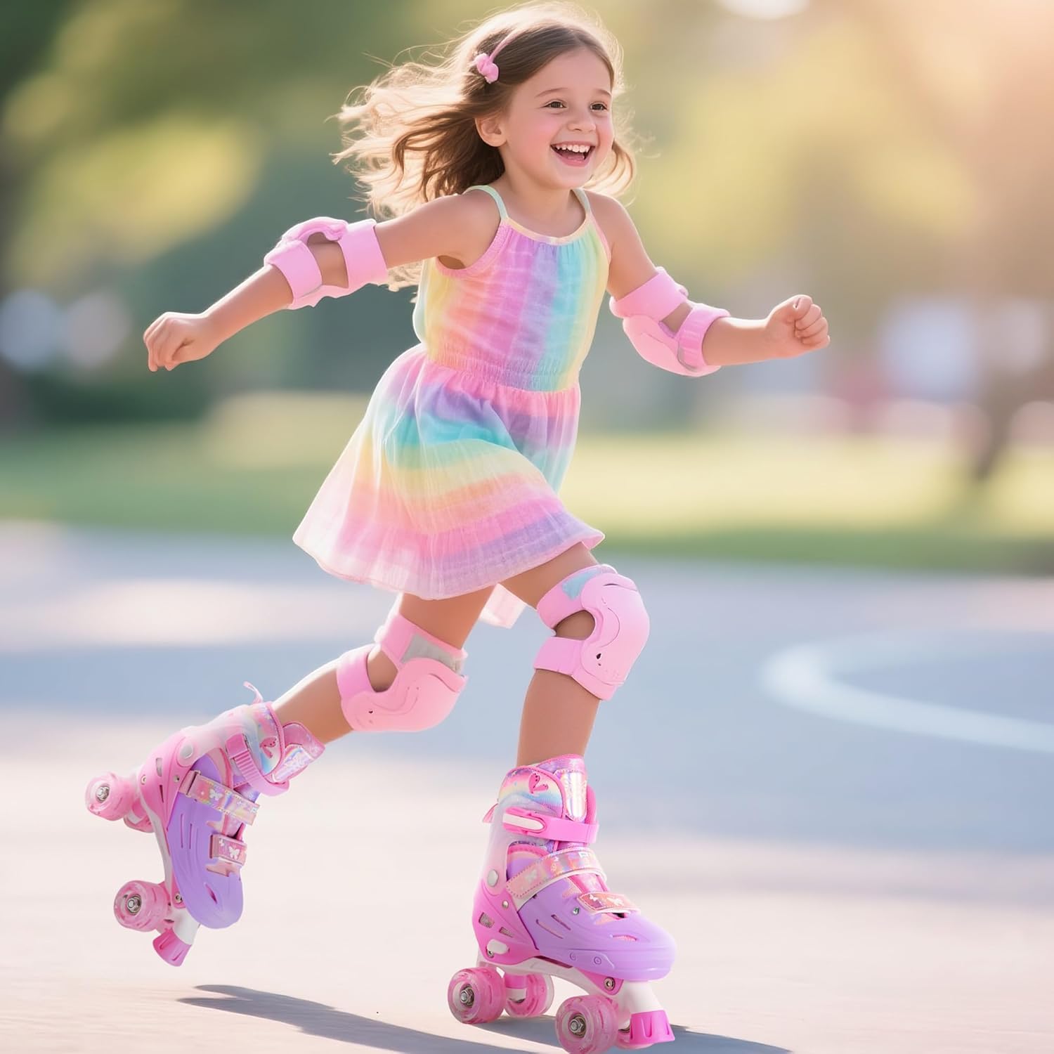 2PM SPORTS Patins à roulettes pour Enfants Fille - Rose Bleu Réglable 4 Roues pour Débutant Intérieur Extérieur