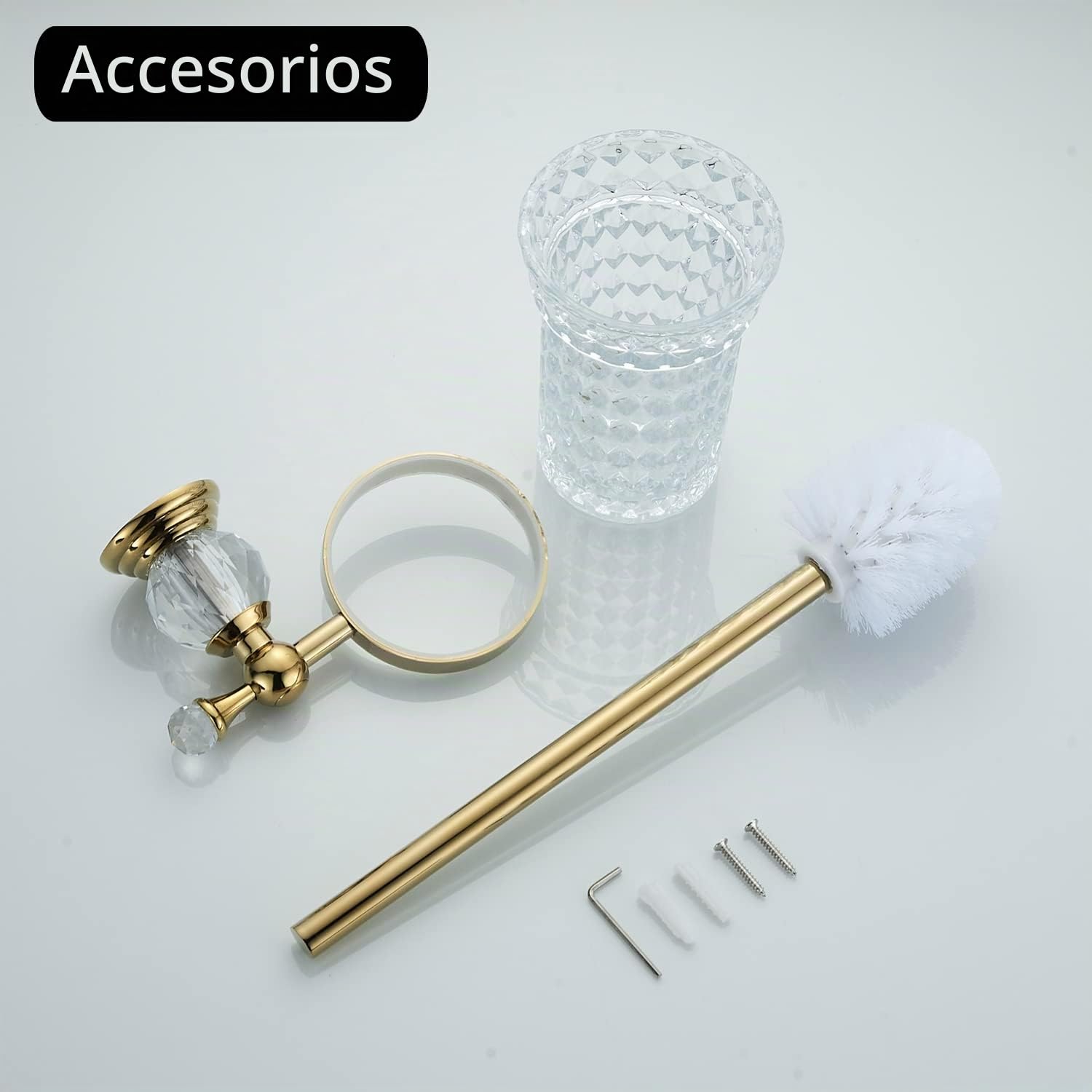 WOLIBEER Soporte para escobilla de Inodoro de Cristal, Mango de Cepillo Dorado Pulido con Cabezal de Cepillo reemplazable, Juego de Limpieza de baño de Acero Inoxidable montado en la Pared