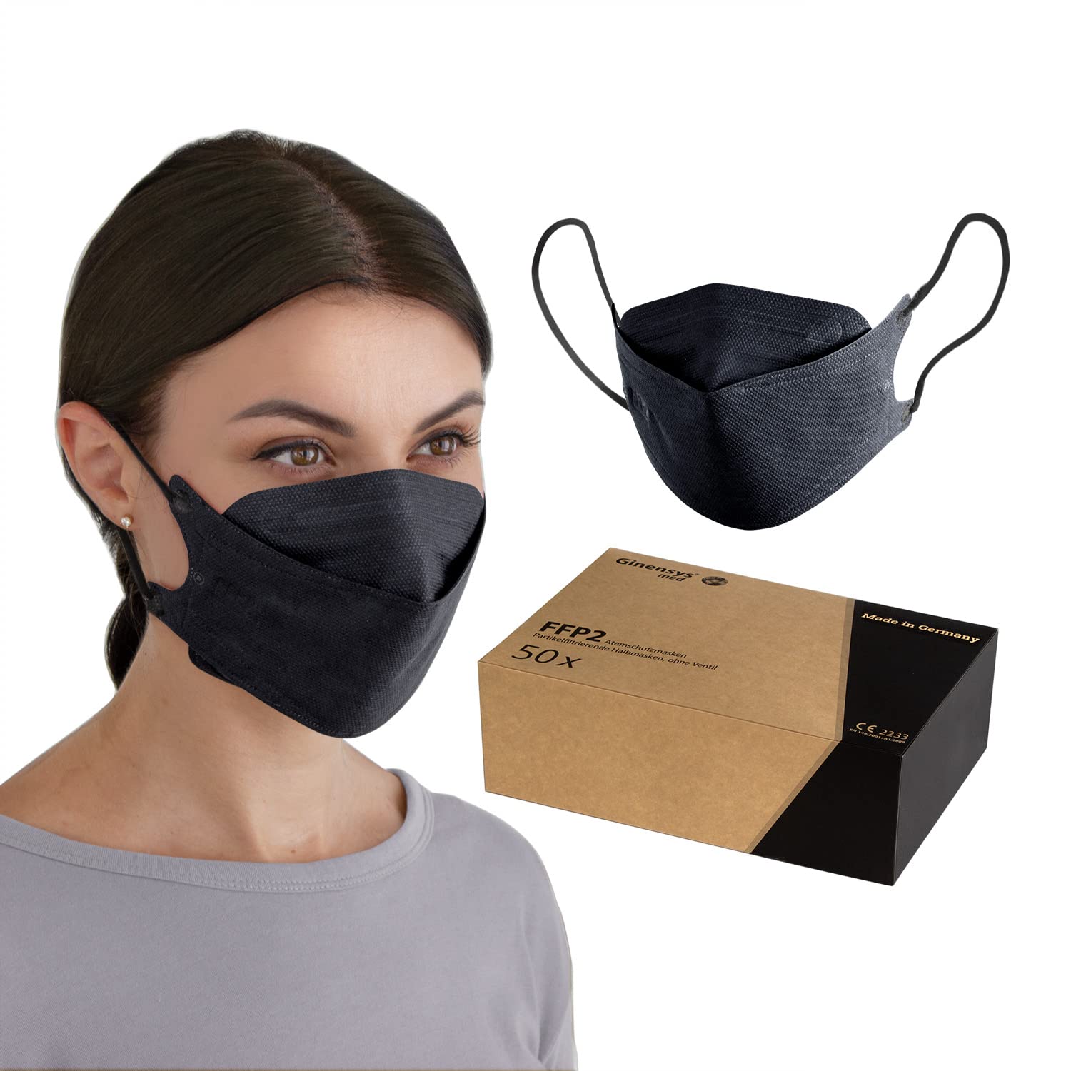 GINENSYS MED – 50 Stück FFP2 Atemschutzmasken Fish Type – Made in Germany – Deutscher Hersteller – hygienisch einzeln verpackt – CE zertifiziert (Schwarz)