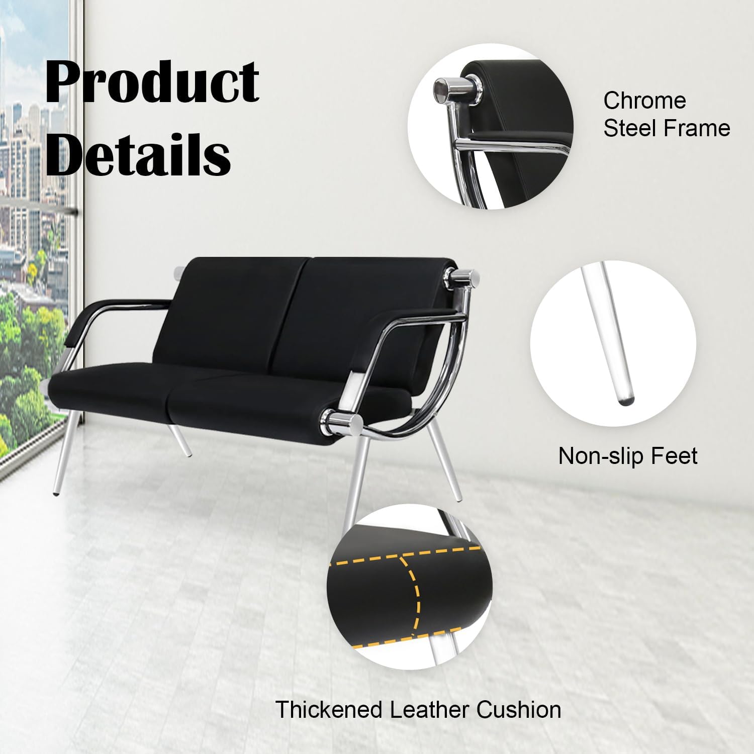Kinsuite 2-Seat Office Reception Waiting Room Chairs - Guest & Reception Chairs for Salon Barber Bench Airport Bank Hall Visitor Guest Black PU Leather 2 Seat Sofa