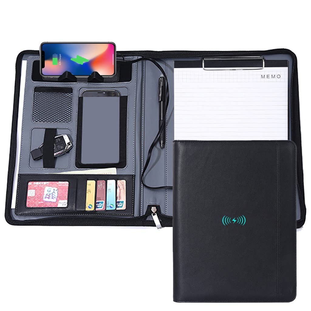 Cartella multifunzione A4 in pelle PU con caricatore, calcolatrice e organizer per notebook, per professionisti (argento)