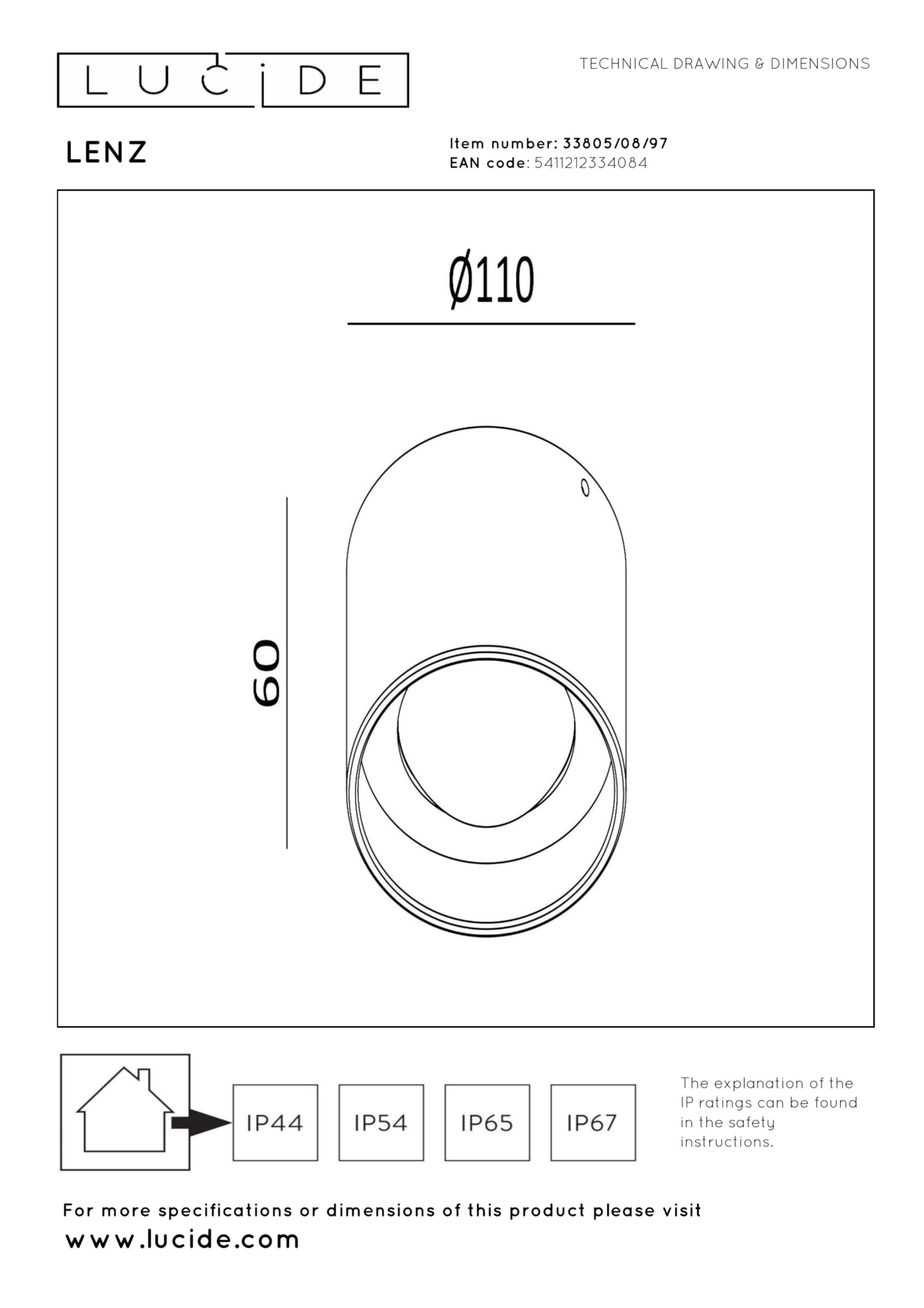 LUCIDE LENZ – Deckenstrahler für Innen/Außen – Ø 11 cm – LED – 1 x 8 W 2700 K – IP54 – Rost | Essential