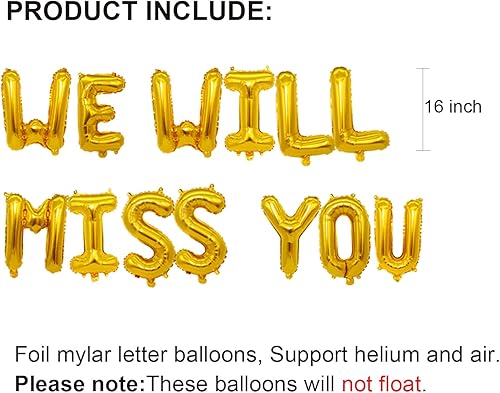 Miniatura 2 de Cartel de globos dorados con texto en inglés «We Will Miss You» para fiestas de despedida, oficina, trabajo, fiesta de jubilación, despedida,