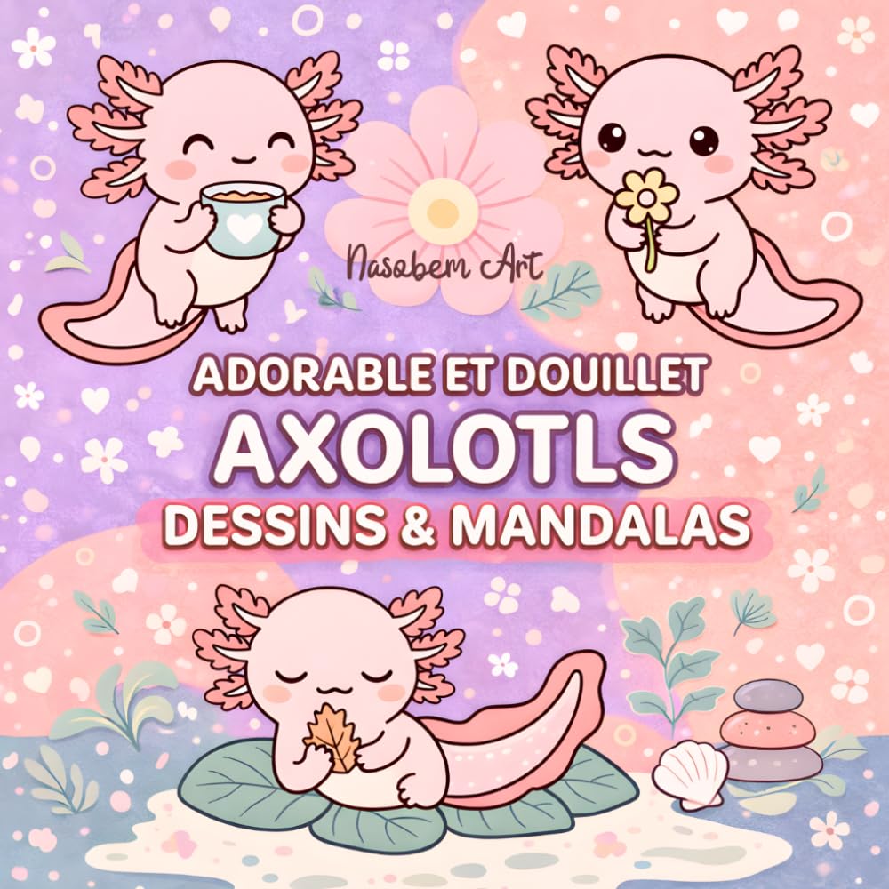 Adorables et douillets Axolotls – Dessins & Mandalas kawaii: Livre de coloriage avec plus de 40 motifs d’axolotls mignons pour adolescents et adultes ... mandalas doux et moments créatifs apaisants