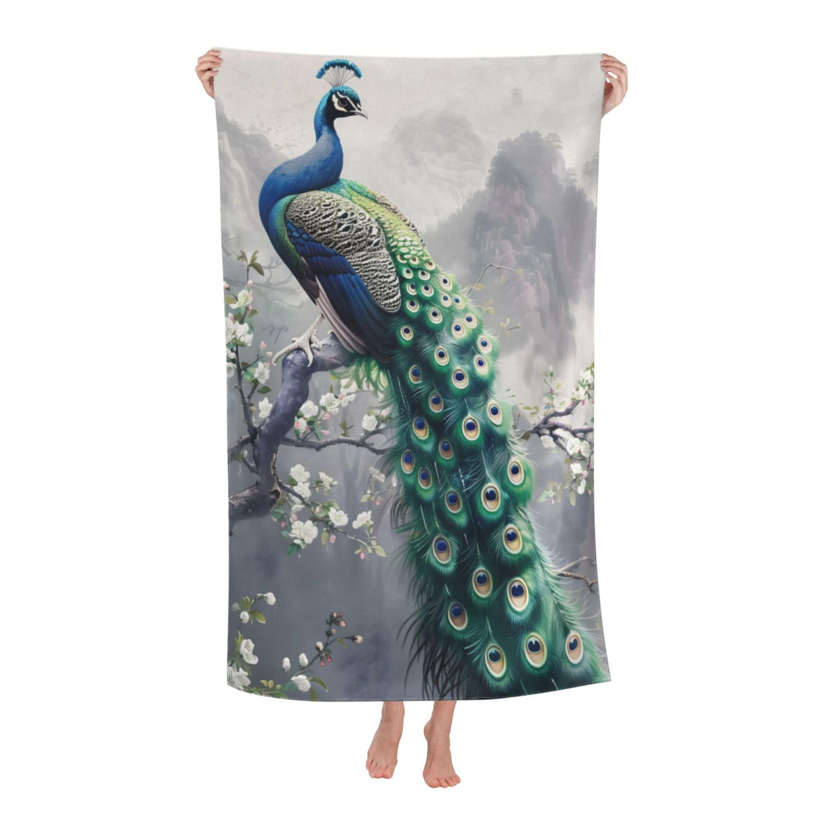 HLBSDM Pretty Peacock Beach Towel with Floral Microfiber Quick Dry Oversized Sand Proof Lightweight Bath Pool Towel for Women Girls Adults Soft Absorbent Towels for Swimming Travel 32×52 in