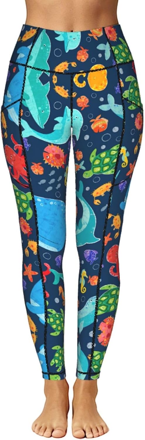 Ocean Whale Fish Octopus Print Leggings for Women,High Waist Pants with Pockets,for Workout,Gym and Everyday Wear