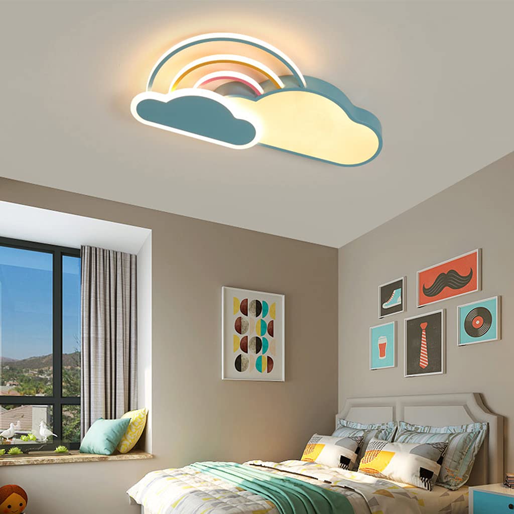 Luz de techo led lámpara para habitación niños dibujos animados modernos nubes blancas arco iris niños niñas luz techo pantalla acrílico control remoto dormitorio bebé lámpara sala estar,Azul,50cm