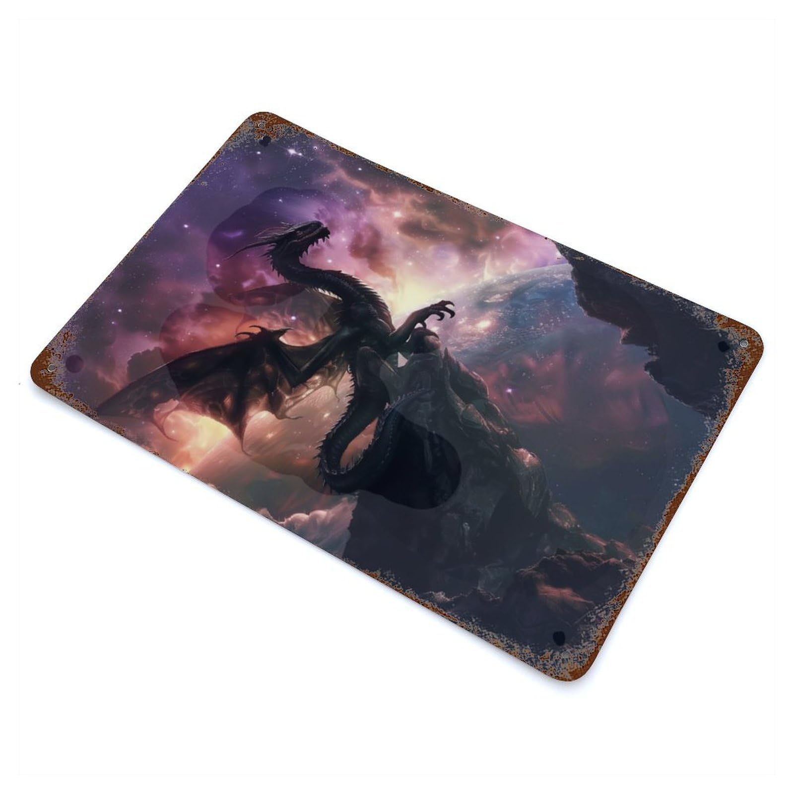 Space Dragon On The Edge 11.8"x7.9" Rusty Metal Tin Sign, Novelty Wall Decor for Cafe, Home Bar And Lounge Decor