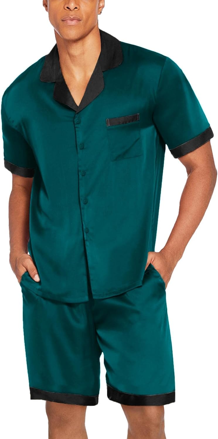 Ekouaer Men Satin Silk Pajamas Set with Pockets Sleepwear Shorts Satin Summer Loungewear 2 Piece Button Down Set S-3XL - Image 5