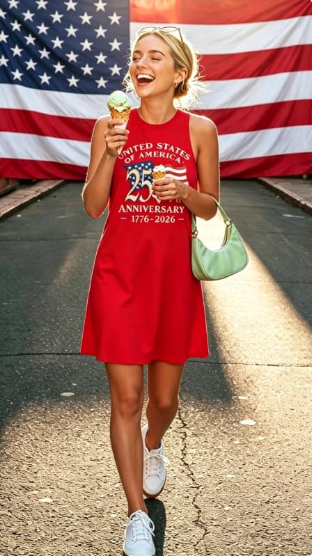 Image of jusgai 250 Anniversary USA Dress for Women American Flag Tank Dresses 4th of July Patriotic Sundress