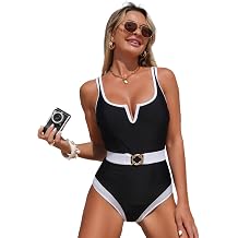 MXVPY One Piece Fashion Swimsuits for Women-Sexy Tummy Control V Neck Adjustable Color Block Monokini|Womens Swimsuits