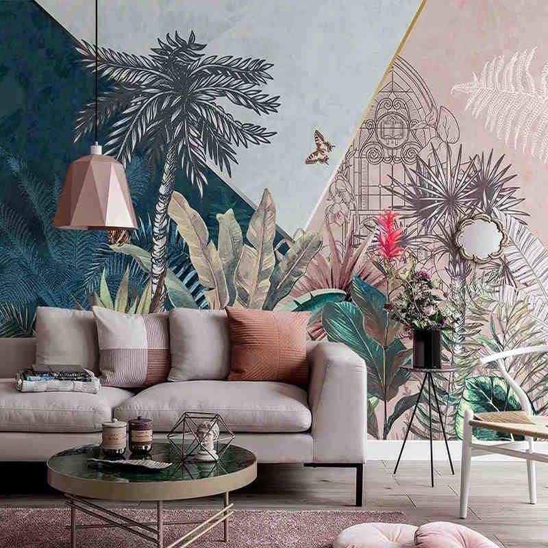 Nórdico pintado a mano plantas tropicales 3D geométrico selva tropical palmera Mural sala De estar TV Fondo Papel De pared Papel De pared