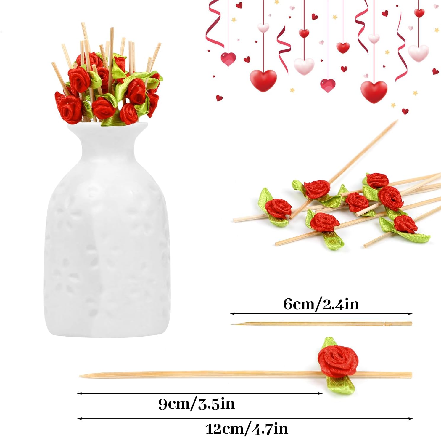 120pcs Red Rose Flower Cocktail Picks,4.72 Inch Long Valentine Decorations Toothpicks for Appetizers,Food Drinks Garnish Fruit Skewer Sticks for Wedding Valentine Holiday Party Decoration